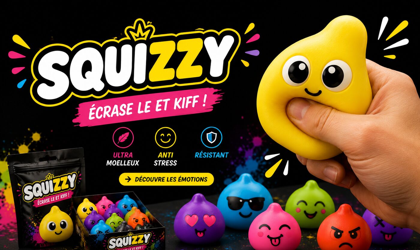 SQUIZZY — Écrase-le et kiff ! Balle anti-stress ultra soft, 20 émotions à collectionner